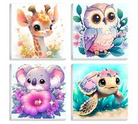 Mandun Art 4 Packs Paint by Numbers for Kids, Giraffe Owl Koala Turtle Paint by Numbers for Children, DIY Animal Painting by Numbers Acrylic Oil Canvas for Home Wall Decor Gift (8X8 inch with Frame)