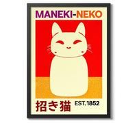 Maneki Neko Cat Anime Woodblock Poster Modern Ukiyo-E, Cartoon Print, Japanese Wall Art Bedroom Home Decor, A4 (Print Only) - 29.7x21cm