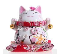 Maneki Neko - Japanese Lucky Cat with Bells Money Box Made of Fine China - Maneki Neko Feng Shui Lucky Charm, Porcelain, White, Mittel (15 cm)
