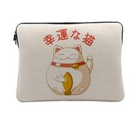 Maneki-Neko Linen Look Computer and Tablet Case - Japanese Cat Asia Culture China Lucky Charm - 14-15 Inches Protective Laptop Sleeve Printed in France