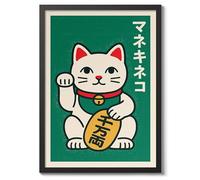 Maneki Neko Poster, Retro Japanese Matchbox Artwork, Vintage Wall Art Print, A5 (Black Frame) - 24.1x17.9cm
