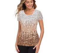MANER Women’s Full Sequin Tops Glitter Party Shirt Short Sleeve Sparkle Blouses S-3X - yellow - Medium