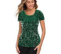 MANER Women’s Full Sequin Tops Glitter Party Shirt Short Sleeve Sparkle Blouses S-4X, Dark Green, XL