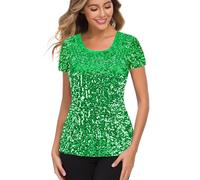 MANER Women’s Full Sequin Tops Glitter Party Shirt Short Sleeve Sparkle Blouses S-4X, Green, 3XL