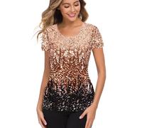 MANER Women’s Full Sequin Tops Glitter Party Shirt Short Sleeve Sparkle Blouses S-4X, Light Brown/Coffee/Black, XL