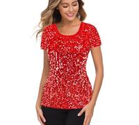 MANER Women’s Full Sequin Tops Glitter Party Shirt Short Sleeve Sparkle Blouses S-4X, Red, 3XL