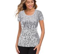 MANER Women’s Full Sequin Tops Glitter Party Shirt Short Sleeve Sparkle Blouses S-4X, Silver Grey, M