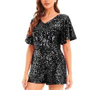 MANER Women’s Sequin Romper Sparkly Short Jumpsuit Party Concert Outfit With Flutter Sleeve, Black, XL