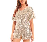 MANER Women’s Sequin Romper Sparkly Short Jumpsuit Party Concert Outfit With Flutter Sleeve, Champagne, M
