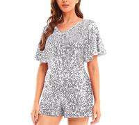 MANER Women’s Sequin Romper Sparkly Short Jumpsuit Party Concert Outfit With Flutter Sleeve, Silver Grey, S