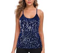 MANER Women’s Sequin Tops Glitter Party Strappy Tank Top Sparkle Cami, Navy Blue, XL