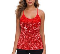 MANER Women’s Sequin Tops Glitter Party Strappy Tank Top Sparkle Cami, Red, L