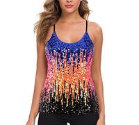 MANER Women’s Sequin Tops Glitter Party Strappy Tank Top Sparkle Cami, Royal Blue/Orange/Black, Large