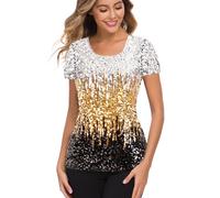 MANER Women's Full Sequin Tops Glitter Party Shirt Short Sleeve Sparkle Blouses S-3X - Gold - Small/8-10