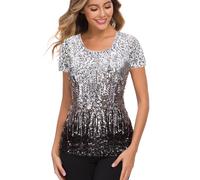 MANER Women's Full Sequin Tops Glitter Party Shirt Short Sleeve Sparkle Blouses S-3X - gray - Medium / 12-14