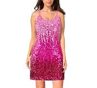 Maner Women's Glitter Sequin Dress Adjustable Spaghetti Strap Sparkle Party Dresses, Bright Pink/Rose Red/Red, L