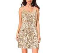 MANER Women's Glitter Sequin Dress Adjustable Spaghetti Strap Sparkle Party Dresses, Champagne, XXL