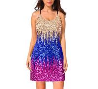 MANER Women's Glitter Sequin Dress Adjustable Spaghetti Strap Sparkle Party Dresses, Gold/Royal Blue/Purple, X-Large