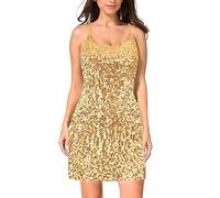 MANER Women's Glitter Sequin Dress Adjustable Spaghetti Strap Sparkle Party Dresses, Gold, XXL