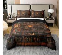 Manfei 100% Cotton Retro Book Duvet Cover Double Size 3 Pcs Vintage Brown Bookshelf Books Bedding Set for Teens Adults Mysterious Magical Books Decor Quilt Cover,2 Pillowcases(No Comforter)