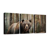 Manfei 3D Bear Wall Art Set Of 3 Pieces, Wild Animal Theme Prints Home Artwork for Living Room Bedroom Decorative, Woodland Wildlife Bear Trees Wall Hanging, Kids Boys Girls Room Decor