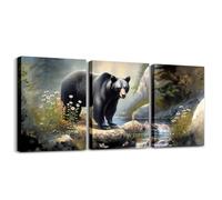Manfei 3D Bear Wall Art Set Of 3 Pieces, Wild Animal Theme Prints Home Artwork for Living Room Bedroom Decorative, Woodland Wildlife Black Bear Wall Hanging, Kids Boys Girls Room Decor