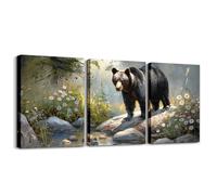 Manfei 3D Bear Wall Art Set Of 3 Pieces, Woodland Wild Animal Theme Prints Home Artwork for Living Room Bedroom Decorative, Nautral Landscape Wall Hanging, Kids Boys Girls Room Decor