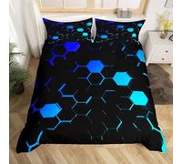 Manfei 3D Geometric Pattern Duvet Cover Set Double Size,Colorful Honeycomb Bedding Set 3pcs for Boys Girls, Blue Ombre Honeycomb Room Decor, 2 Pillowcases, No Comforter