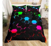 Manfei 3D Geometric Printed Duvet Cover Set Single Size,Colorful Honeycomb Bedding Set 2pcs for Boys Girls,Blue to Pink Ombre Quilt Covers, 1 Pillowcase, No Comforter
