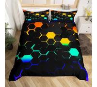 Manfei 3D Geometric Printed Duvet Cover Set Single Size, Colorful Honeycomb Bedding Set 2pcs for Kids Boys,Yellow Ombre Hexagonal Quilt Covers,1 Pillowcase,No Comforter