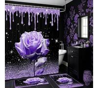 Manfei 3D Purple Rose Shower Curtains Purple Glitter Sparkling Waterproof Bath Curtains with 12 Hooks Suits for Bathtub, Purple Flower Bathroom Curtains for Kids Girls Room Decor, 72" W x 72" L