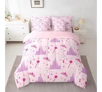 Manfei 7 Pieces Dreamy Castle Comforter Set Full Size, Cute Princess Crown Bedding Set, Cartoon Style Kawaii Bed in A Bag with Comforter,Sheets and Pillowcases, Kids Girls Women Room Decor, Soft