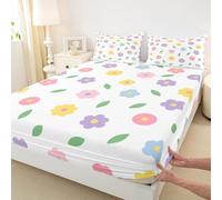 Manfei 70s Groovy Daisy Fitted Sheet Single Size,Green Leaves Bedding Set 2pcs,Rustic Farmhouse Bed Sheets with 1 Pillowcase,Kids Boys Girls Room Decor,Soft Bedding(No Flat)
