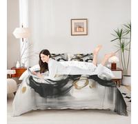 Manfei Abstract Circle Duvet Cover Set Super King,Modern Geometric Rings Bedding Set 3pcs,Grey Black Gold Quilt Cover,Kids Boys Girls Room Decor,2 Pillowcases,No Comforter