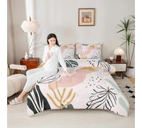 Manfei Abstract Palm Leaves Kids Comforter Set Full Size,Geometric Line Stripe Dot Bedding Set,Girls Boys Room Decor,Boho Exotic Quilt Comforter,Baby Pink Duvet Set Bedroom Quilt Set,2 Pillowcases