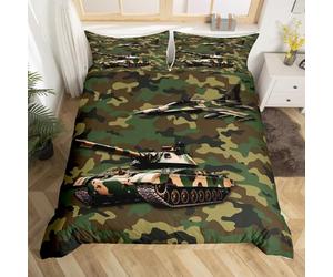 Manfei Aircraft Duvet Cover Set Single Size, Army Camo Tank Airplane Comforter Cover with 1 Pillowcase, Green Camouflage Bedding Set 2pcs for Kids Boys Teens Bedroom Decor Lightweight Bedspread Cover