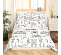 Manfei Aircraft Duvet Cover Set Single Size,Army Style Tank Car Bedding Set 2pcs,Sketch Military Theme Quilt Cover,Kids Boys Girls Room Decor,1 Pillowcase,No Comforter