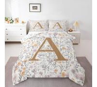Manfei Artistic Alphabet Comforter Set Double Size,Letter A Flower Plant Kids Bedding Set,Floral Romantic Vintage Quilt Comforter,Gray Yellow Duvet Insert,2 Pillowcases