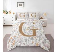 Manfei Artistic Alphabet Comforter Set Double Size,Letter G Flower Plant Kids Bedding Set,Floral Romantic Vintage Quilt Comforter,Gray Yellow Duvet Insert,2 Pillowcases