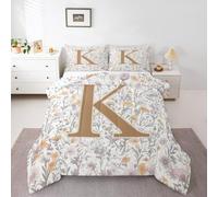 Manfei Artistic Alphabet Comforter Set Double Size,Letter K Flower Plant Kids Bedding Set,Floral Romantic Vintage Quilt Comforter,Gray Yellow Duvet Insert,2 Pillowcases