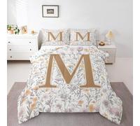 Manfei Artistic Alphabet Comforter Set Double Size,Letter M Flower Plant Kids Bedding Set,Floral Romantic Vintage Quilt Comforter,Gray Yellow Duvet Insert,2 Pillowcases