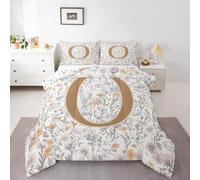 Manfei Artistic Alphabet Comforter Set Double Size,Letter O Flower Plant Kids Bedding Set,Floral Romantic Vintage Quilt Comforter,Gray Yellow Duvet Insert,2 Pillowcases