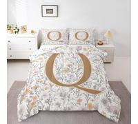 Manfei Artistic Alphabet Comforter Set Double Size,Letter Q Flower Plant Kids Bedding Set,Floral Romantic Vintage Quilt Comforter,Gray Yellow Duvet Insert,2 Pillowcases