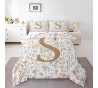 Manfei Artistic Alphabet Comforter Set Double Size,Letter S Flower Plant Kids Bedding Set,Floral Romantic Vintage Quilt Comforter,Gray Yellow Duvet Insert,2 Pillowcases