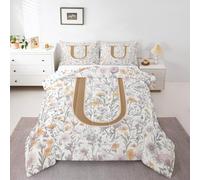 Manfei Artistic Alphabet Comforter Set Double Size,Letter U Flower Plant Kids Bedding Set,Floral Romantic Vintage Quilt Comforter,Gray Yellow Duvet Insert,2 Pillowcases