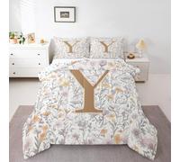 Manfei Artistic Alphabet Comforter Set Double Size,Letter Y Flower Plant Kids Bedding Set,Floral Romantic Vintage Quilt Comforter,Gray Yellow Duvet Insert,2 Pillowcases
