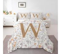 Manfei Artistic Alphabet Kids Bedding Set King Size,Letter W Flower Plant Comforter Set,Floral Romantic Vintage Quilt Comforter,Gray Yellow Bedroom Duvet Insert,2 Pillowcases