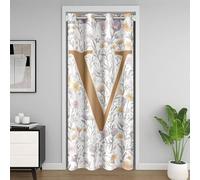 Manfei Artistic Alphabet Kids Door Curtain,Letter V Flower Plant Leaves Blackout Curtain,Floral Romantic Vintage Bedroom Doorway Living Room Decor,Gray Yellow Privacy Door Drape 1 Panel,34" W X 80" L