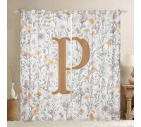 Manfei Artistic Alphabet Window Drapes,Letter P Flower Plant Leaves Boys Girls Room Decor,Floral Romantic Vintage Blackout Curtains,Gray Yellow 2 Panels,46Wx72L inch