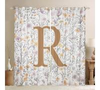 Manfei Artistic Alphabet Window Drapes,Letter R Flower Plant Leaves Boys Girls Room Decor,Floral Romantic Vintage Blackout Curtains,Gray Yellow 2 Panels,46Wx72L inch